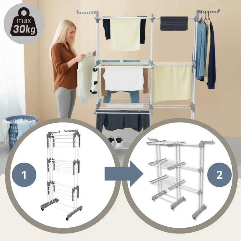 Στεγνωτήριο ρούχων Kinghoff KH 2044, 30 μ., έως 30 κιλά, 3 επίπεδα, ροδάκια, χάλυβας, λευκό/γκρι