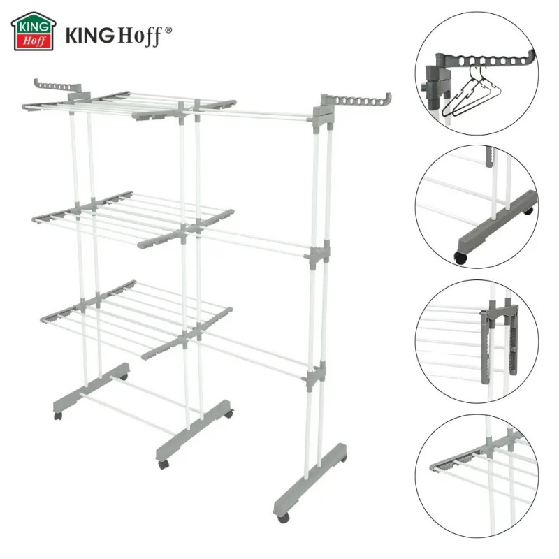 Στεγνωτήριο ρούχων Kinghoff KH 2044, 30 μ., έως 30 κιλά, 3 επίπεδα, ροδάκια, χάλυβας, λευκό/γκρι