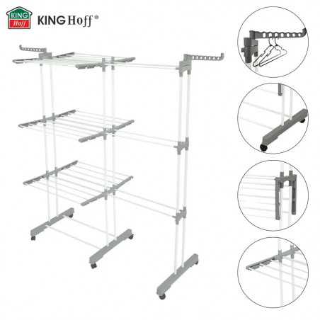 Στεγνωτήριο ρούχων Kinghoff KH 2044, 30 μ., έως 30 κιλά, 3 επίπεδα, ροδάκια, χάλυβας, λευκό/γκρι