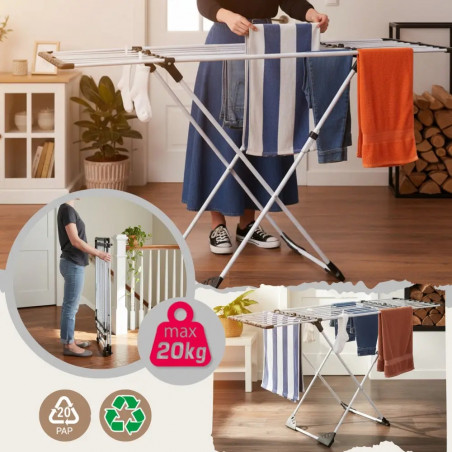 Πτυσσόμενο στεγνωτήριο ρούχων Kinghoff KH 2042, 20 μ., έως 20 κιλά, ρυθμιζόμενο μήκος, αντιολισθητικά άκρα, λευκό/μαύρο