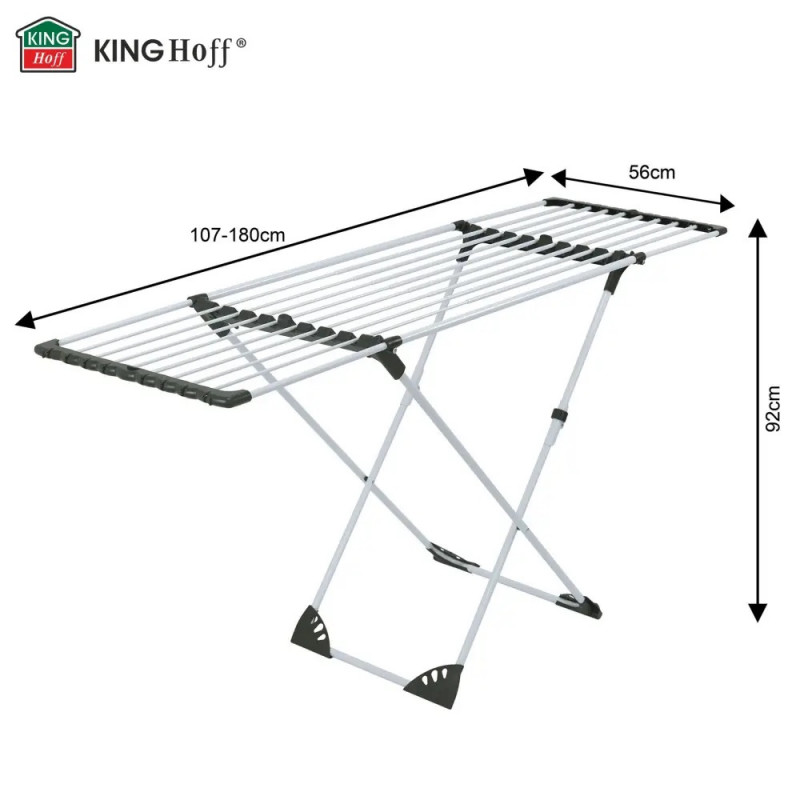 Πτυσσόμενο στεγνωτήριο ρούχων Kinghoff KH 2042, 20 μ., έως 20 κιλά, ρυθμιζόμενο μήκος, αντιολισθητικά άκρα, λευκό/μαύρο