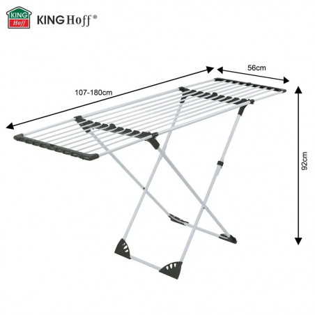 Πτυσσόμενο στεγνωτήριο ρούχων Kinghoff KH 2042, 20 μ., έως 20 κιλά, ρυθμιζόμενο μήκος, αντιολισθητικά άκρα, λευκό/μαύρο