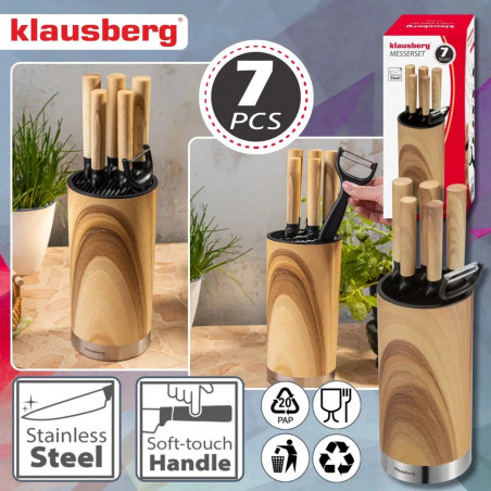 Σετ μαχαιριών κουζίνας Klausberg KB 9036, 7 τεμ., Ανοξείδωτο ατσάλι, Εφέ ξύλου, Βάση, Καφέ