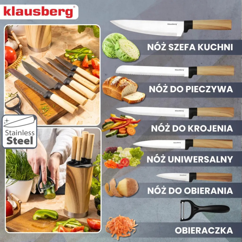 Σετ μαχαιριών κουζίνας Klausberg KB 9036, 7 τεμ., Ανοξείδωτο ατσάλι, Εφέ ξύλου, Βάση, Καφέ