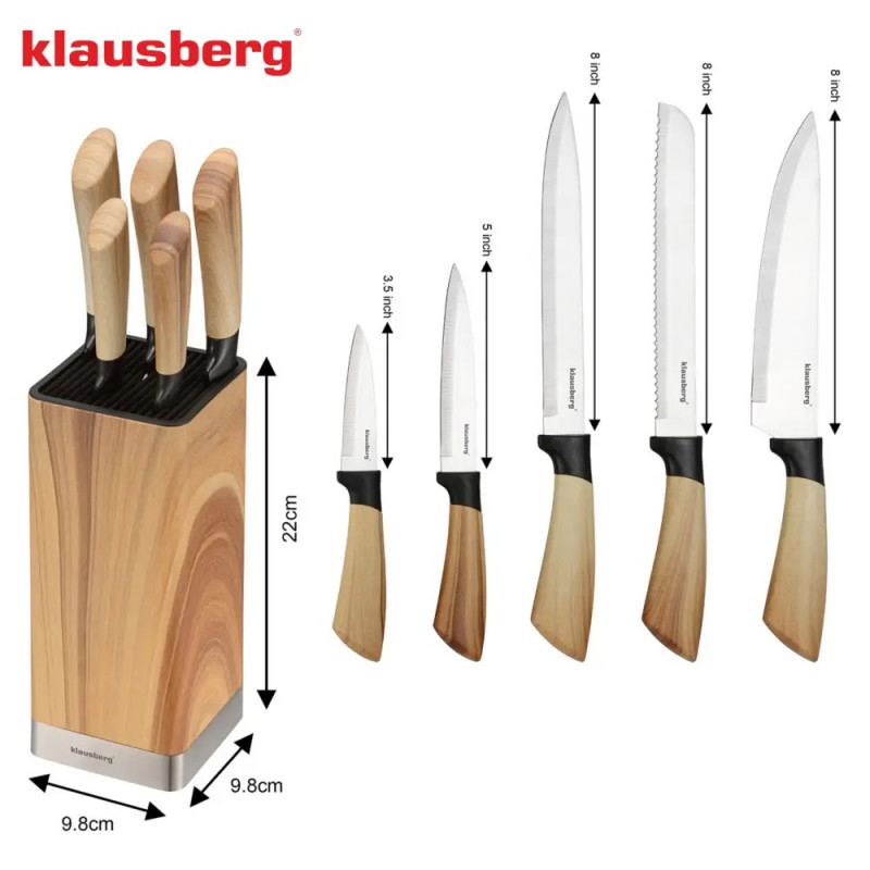 Σετ μαχαιριών κουζίνας Klausberg KB 9035, 6 τεμ., Ανοξείδωτο ατσάλι, Βάση, Καφέ