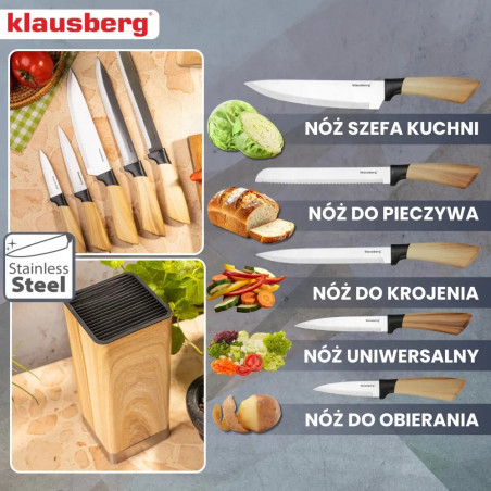 Σετ μαχαιριών κουζίνας Klausberg KB 9035, 6 τεμ., Ανοξείδωτο ατσάλι, Βάση, Καφέ
