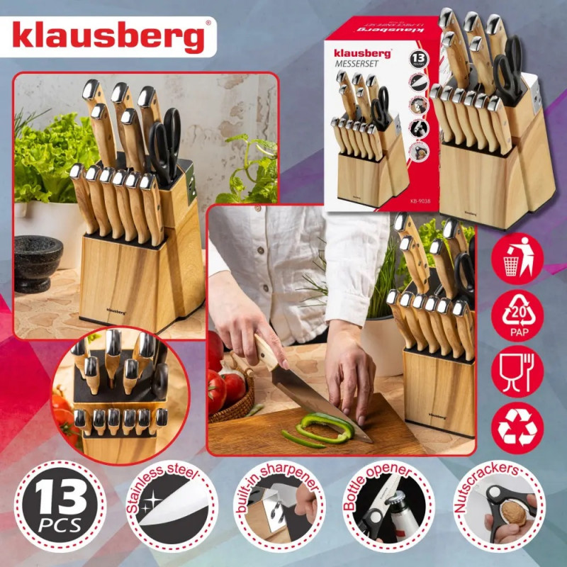 Σετ μαχαιριών κουζίνας Klausberg KB 9038, 13 τεμ., Ενσωματωμένο ακονιστήρι, Ανοξείδωτο ατσάλι, Βάση, Καφέ