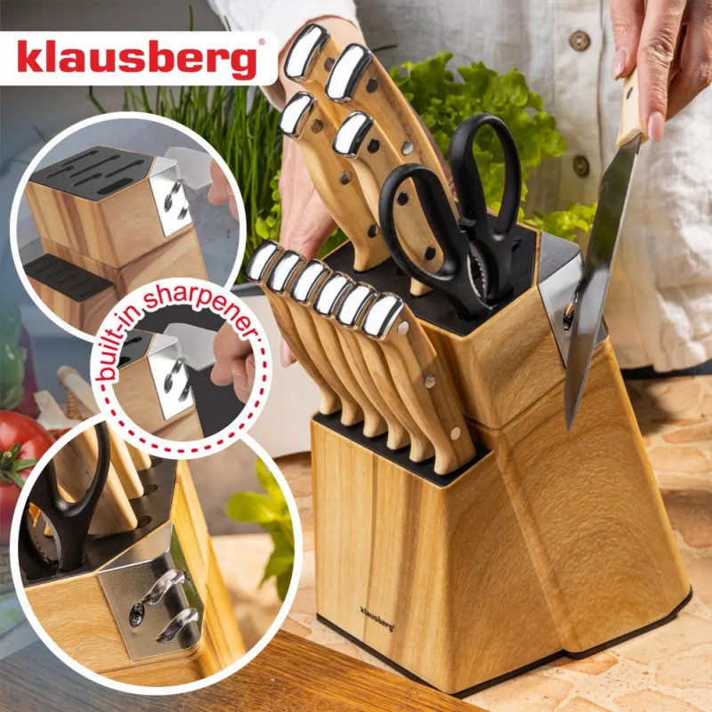 Σετ μαχαιριών κουζίνας Klausberg KB 9038, 13 τεμ., Ενσωματωμένο ακονιστήρι, Ανοξείδωτο ατσάλι, Βάση, Καφέ