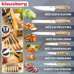 Σετ μαχαιριών κουζίνας Klausberg KB 9038, 13 τεμ., Ενσωματωμένο ακονιστήρι, Ανοξείδωτο ατσάλι, Βάση, Καφέ