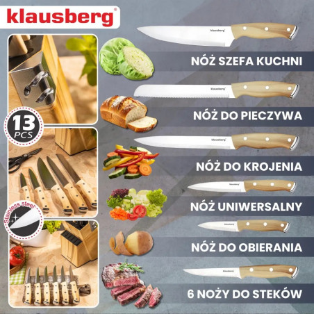 Σετ μαχαιριών κουζίνας Klausberg KB 9038, 13 τεμ., Ενσωματωμένο ακονιστήρι, Ανοξείδωτο ατσάλι, Βάση, Καφέ