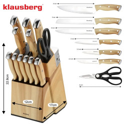Σετ μαχαιριών κουζίνας Klausberg KB 9038, 13 τεμ., Ενσωματωμένο ακονιστήρι, Ανοξείδωτο ατσάλι, Βάση, Καφέ