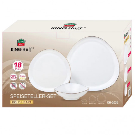 Σετ τραπεζιού Kinghoff KH 2036, 18 τεμάχια, Για 6 άτομα, Οπαλό γυαλί, Χρυσό περίγραμμα, Λευκό