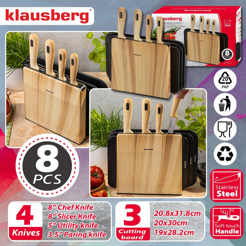 Σετ μαχαιριών και σανίδων κοπής Klausberg KB 9037, 8 τεμάχια, Ανοξείδωτο ατσάλι, Βάση, Καφέ/Μαύρο