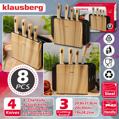 Σετ μαχαιριών και σανίδων κοπής Klausberg KB 9037, 8 τεμάχια, Ανοξείδωτο ατσάλι, Βάση, Καφέ/Μαύρο