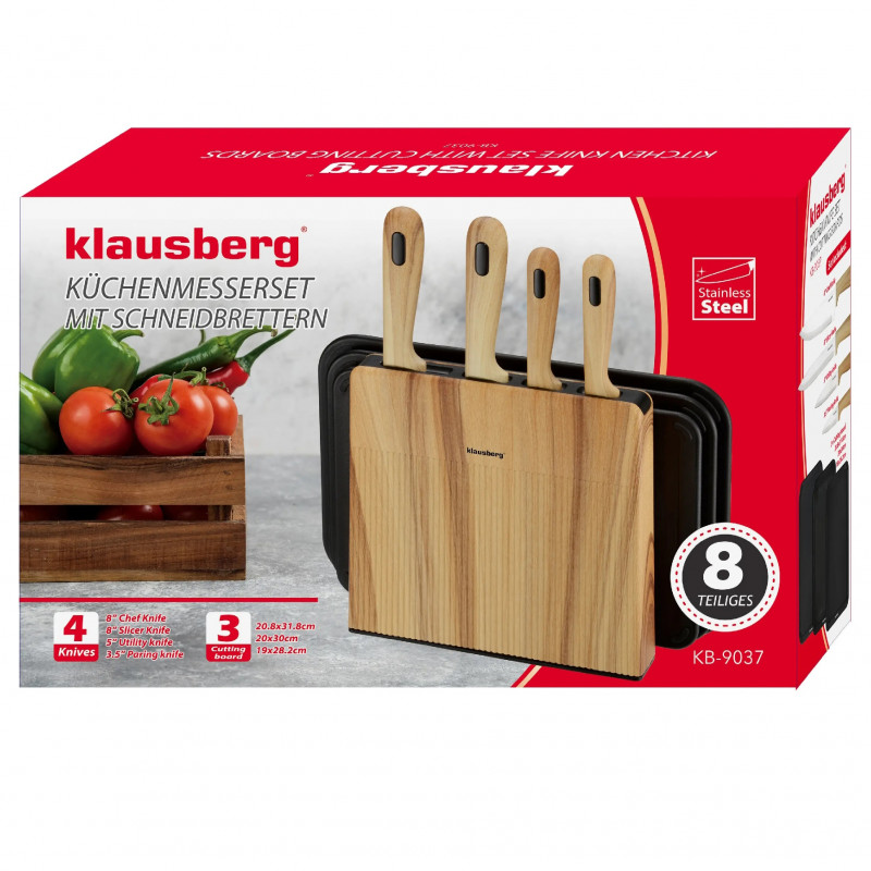 Σετ μαχαιριών και σανίδων κοπής Klausberg KB 9037, 8 τεμάχια, Ανοξείδωτο ατσάλι, Βάση, Καφέ/Μαύρο