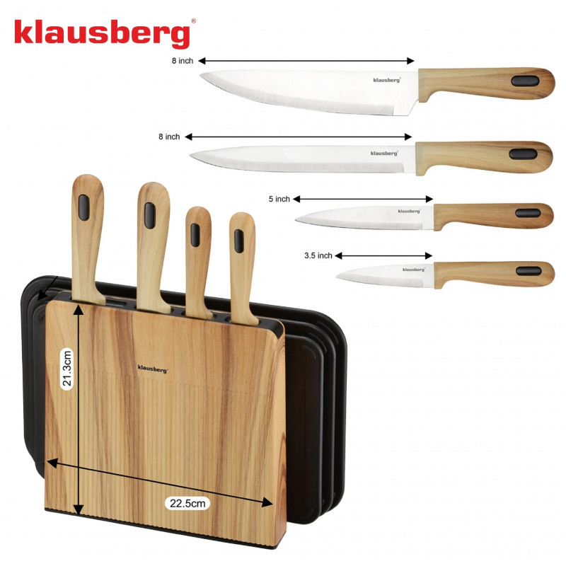 Σετ μαχαιριών και σανίδων κοπής Klausberg KB 9037, 8 τεμάχια, Ανοξείδωτο ατσάλι, Βάση, Καφέ/Μαύρο