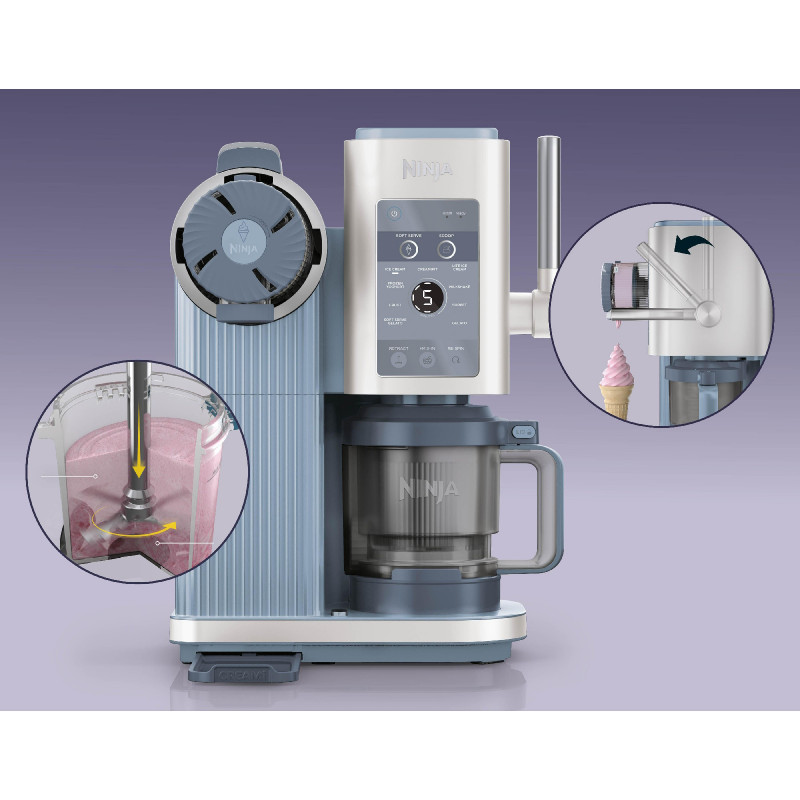 Μηχανή παγωτού 13-σε-1 Ninja CREAMi Scoop & Swirl™ NC702EU, 800 W, 13 προγράμματα, μοχλός 3 θέσεων για χωνάκια, CreamiFit, Creamify, 2 δοχεία 473 ml, Προσαρμογή, Μπλε/Γκρι