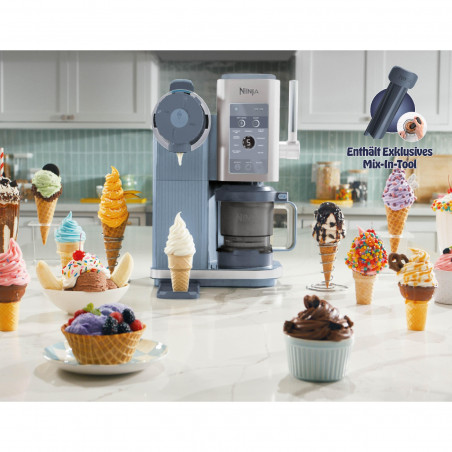 Μηχανή παγωτού 13-σε-1 Ninja CREAMi Scoop & Swirl™ NC702EU, 800 W, 13 προγράμματα, μοχλός 3 θέσεων για χωνάκια, CreamiFit, Creamify, 2 δοχεία 473 ml, Προσαρμογή, Μπλε/Γκρι
