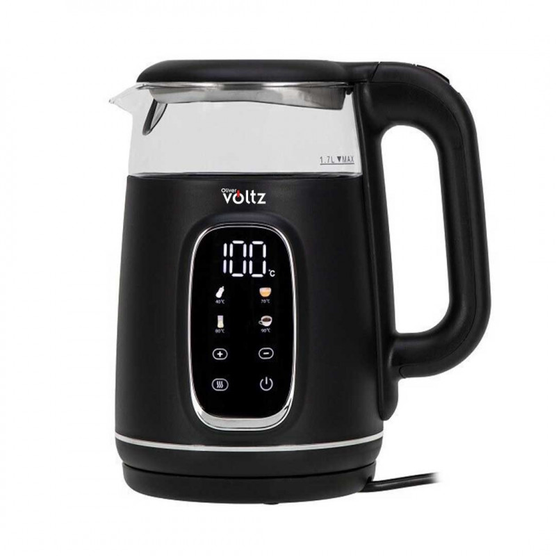 Ηλεκτρικός βραστήρας Oliver Voltz OV51230AF, 2200 W, 1,7 λίτρα, 4 λειτουργίες, 13 ρυθμίσεις θερμοκρασίας, οθόνη LCD, χειριστήρια αφής, μαύρο/ασημί