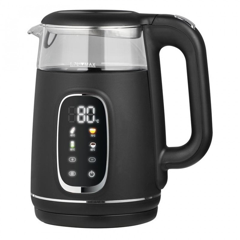 Ηλεκτρικός βραστήρας Oliver Voltz OV51230AF, 2200 W, 1,7 λίτρα, 4 λειτουργίες, 13 ρυθμίσεις θερμοκρασίας, οθόνη LCD, χειριστήρια αφής, μαύρο/ασημί