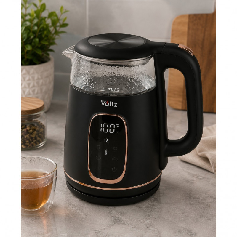 Ηλεκτρική κατσαρόλα Oliver Voltz OV51230AF, 2200 W, 1,7 λίτρα, 4 λειτουργίες, 13 ρυθμίσεις θερμοκρασίας, οθόνη LCD, χειριστήρια αφής, Μαύρο/Ροζ χρυσό