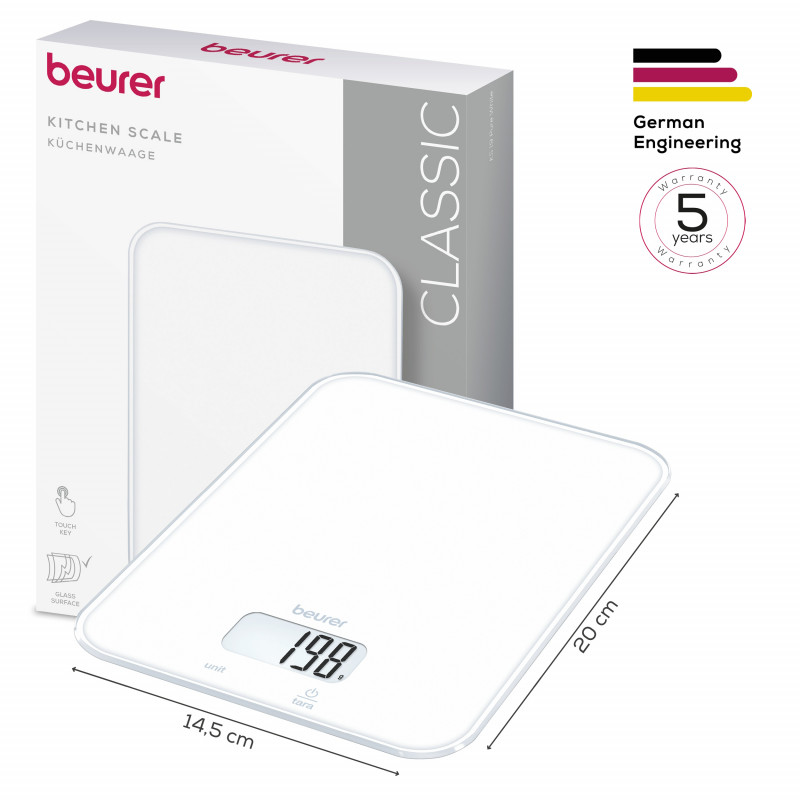 Ζυγαριά κουζίνας Beurer KS 19 Pure White, Έως 5 kg, ΤΑΡΑ, Χειριστήριο με αισθητήρες αφής, LCD, Γυαλί, Εξαιρετικά λεπτή, Κόκκινη