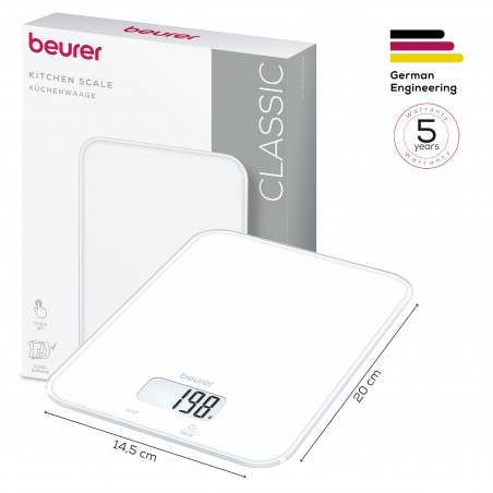 Ζυγαριά κουζίνας Beurer KS 19 Pure White, Έως 5 kg, ΤΑΡΑ, Χειριστήριο με αισθητήρες αφής, LCD, Γυαλί, Εξαιρετικά λεπτή, Κόκκινη