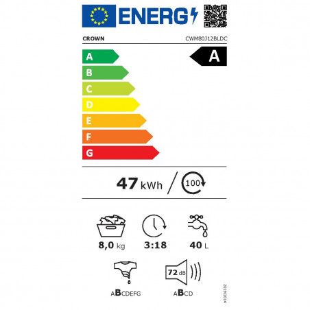 Πλυντήριο ρούχων με μπροστινή φόρτωση Crown CWM80J12BLDC, Κατηγορία Α, 16 προγράμματα, 8 κιλά, 1200 στροφές/λεπτό, οθόνη LED, χρονοδιακόπτης αναβαλλόμενης εκκίνησης, Λευκό
