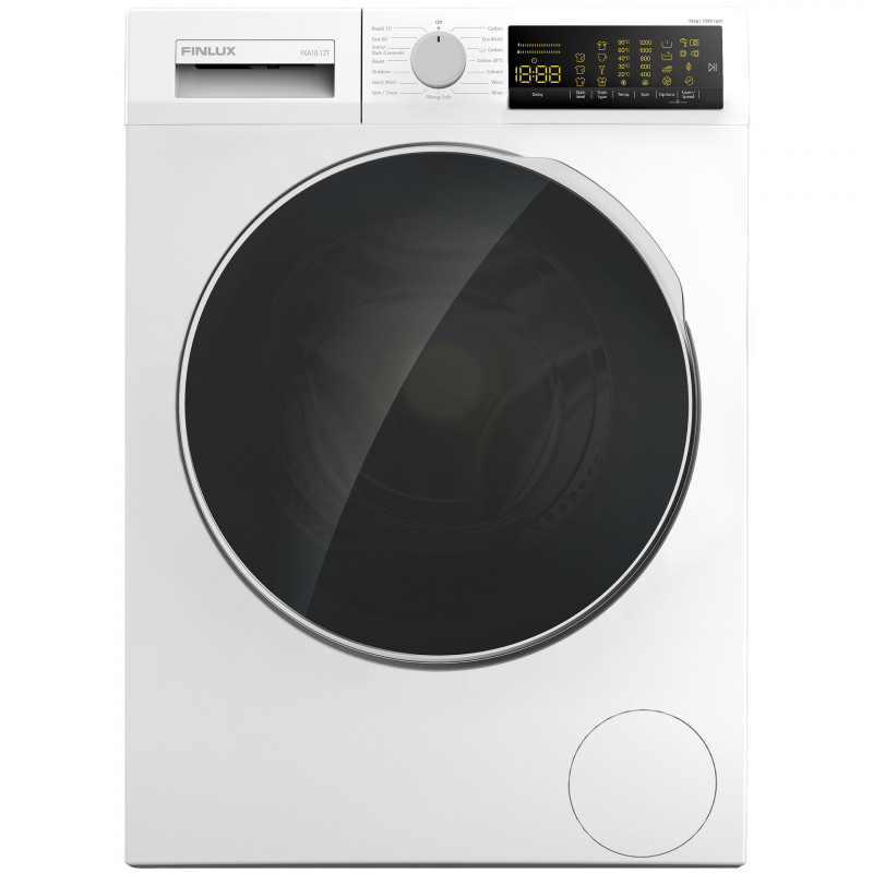 Πλυντήριο ρούχων Finlux FXA10 12T, Κλάση Α, 15 προγράμματα, 10 κιλά, 1200 στροφές/λεπτό, Καθυστερημένη εκκίνηση, Ηλεκτρονική οθόνη, Λευκό
