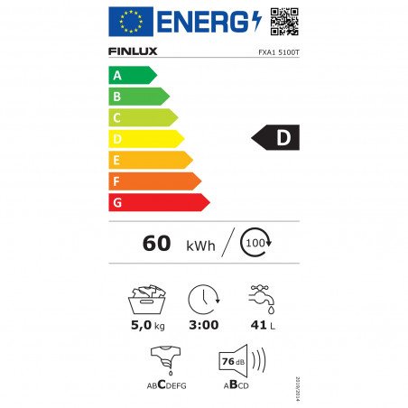 Πλυντήριο ρούχων Finlux FXA1 5100T, Ενεργειακή κλάση D, 5 κιλά, 1000 στροφές/λεπτό, Μπροστινή φόρτωση, Λευκό