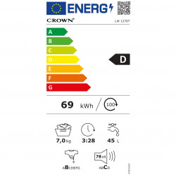Πλυντήριο Crown LW 1270T, Κατηγορία D, 15 προγράμματα, 7 κιλά, 1200 στροφές/λεπτό, Καθυστερημένη εκκίνηση, Λειτουργία παύσης, Λευκό