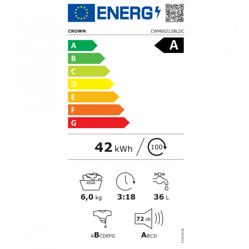 Πλυντήριο Crown CWM60J12BLDC, Κατηγορία Α, 10 προγράμματα, 6 κιλά, 1200 σ.α./λεπτό, Πλύσιμο με ατμό, κινητήρας BLDC, Slim, Λευκό