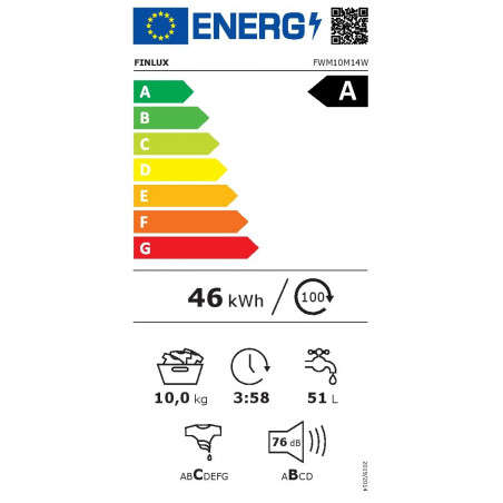 Πλυντήριο ρούχων Finlux FWM10M14W, Κατηγορία Α, 17 προγράμματα, 1400 στροφές/λεπτό, Καθυστερημένη εκκίνηση, Πρόγραμμα M-Smart, Λευκό