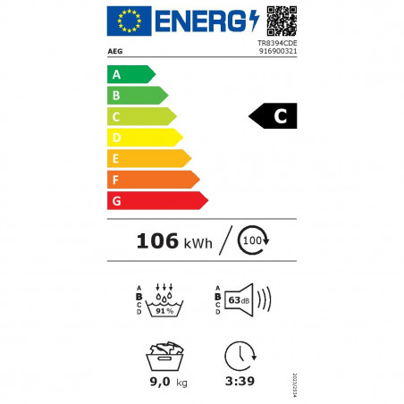 Στεγνωτήριο AEG TR8394CDE, Κατηγορία C, 118 λίτρα, 9 κιλά, οθόνη LED, AbsoluteCare, MixDry, Wi-Fi, Μαύρο