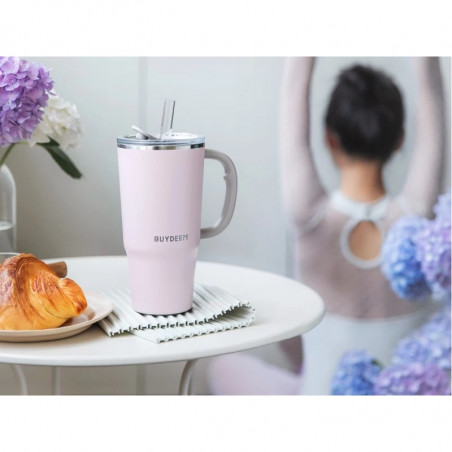 Θερμός με ενσωματωμένο καλαμάκι Buydeem DS57-P, 700 ml, Διατηρεί τη θερμοκρασία (ζεστό/κρύο) έως 6 ώρες, Θερμομονωτική μόνωση, Ανοξείδωτο ατσάλι, Χωρίς BPA, Ροζ