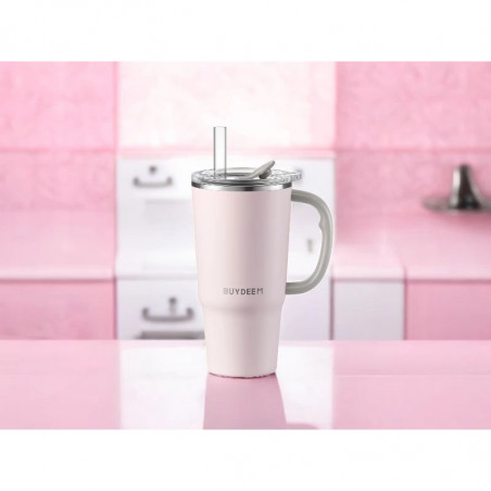 Θερμός με ενσωματωμένο καλαμάκι Buydeem DS57-P, 700 ml, Διατηρεί τη θερμοκρασία (ζεστό/κρύο) έως 6 ώρες, Θερμομονωτική μόνωση, Ανοξείδωτο ατσάλι, Χωρίς BPA, Ροζ