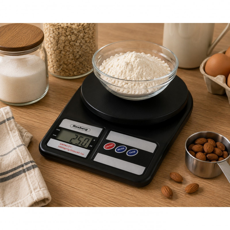Ηλεκτρονική ζυγαριά κουζίνας Rosberg R51651A, 7 kg, οθόνη LCD, αυτόματη απενεργοποίηση, μαύρο