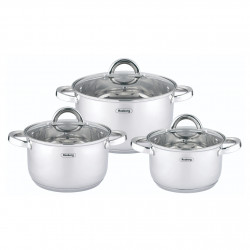 Σετ κατσαρόλες Rosberg R51210L6C, 6 τεμ., Κλίμακα μέτρησης, Γυάλινα καπάκια, Ανοξείδωτο ατσάλι, Για επαγωγικές εστίες, Ασημί