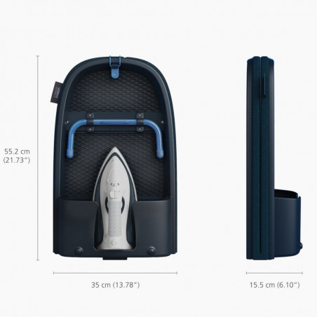 Πτυσσόμενη σιδερώστρα Joseph Joseph Pocket Max Plus 5000022, Κάλυμμα από 100% βαμβάκι, Αδιάβροχη επίστρωση, Γάντζος για κρέμασμα, Θήκη για το σίδερο, DripShield, Μπλε