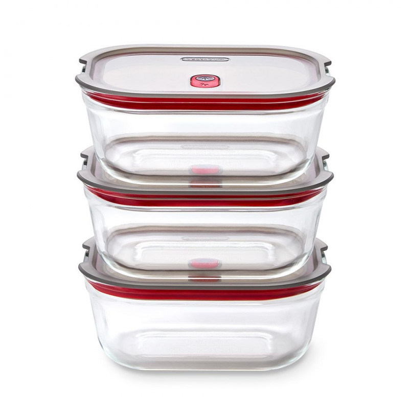 Σετ 3 τεμαχίων δοχείων τροφίμων Black+Blum Stack+Nest FBGR-BX-MPACK3, 0,9 λίτρα, ορθογώνια, κατάλληλα για φούρνο, χωρίς BPA, από ανοξείδωτο ατσάλι, γκρι/κόκκινο