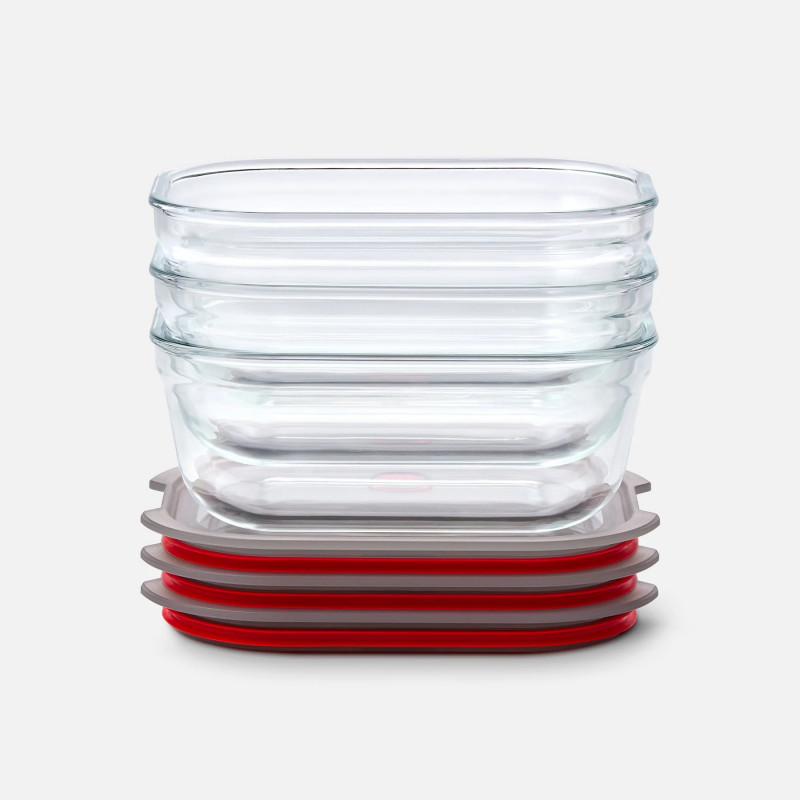 Σετ 3 τεμαχίων δοχείων τροφίμων Black+Blum Stack+Nest FBGR-BX-MPACK3, 0,9 λίτρα, ορθογώνια, κατάλληλα για φούρνο, χωρίς BPA, από ανοξείδωτο ατσάλι, γκρι/κόκκινο
