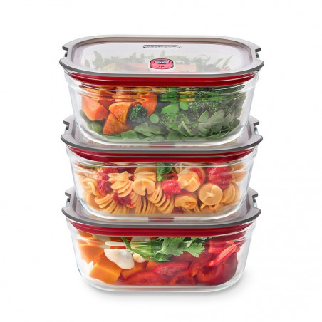 Σετ 3 τεμαχίων δοχείων τροφίμων Black+Blum Stack+Nest FBGR-BX-MPACK3, 0,9 λίτρα, ορθογώνια, κατάλληλα για φούρνο, χωρίς BPA, από ανοξείδωτο ατσάλι, γκρι/κόκκινο