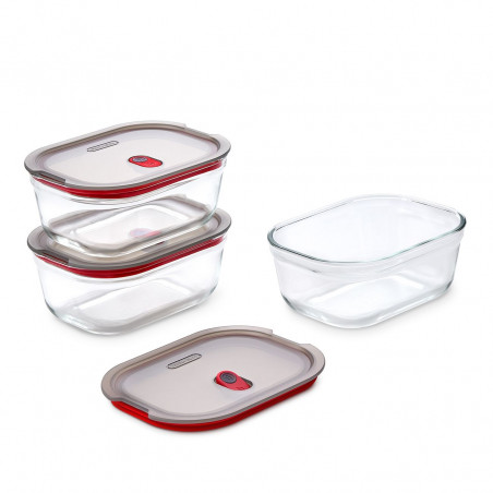 Σετ 3 τεμαχίων δοχείων τροφίμων Black+Blum Stack+Nest FBGR-BX-MPACK3, 0,9 λίτρα, ορθογώνια, κατάλληλα για φούρνο, χωρίς BPA, από ανοξείδωτο ατσάλι, γκρι/κόκκινο
