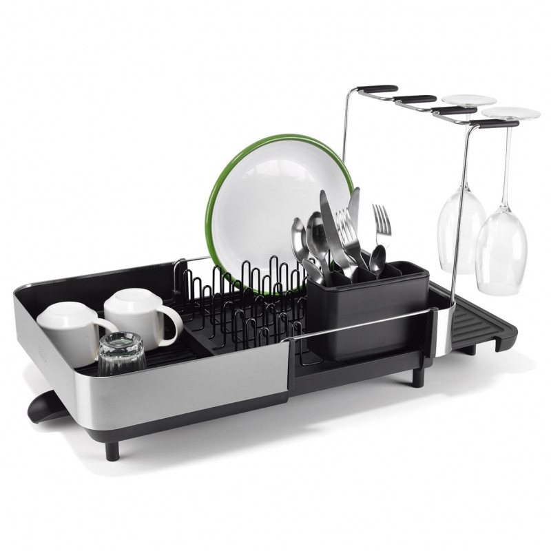 Στεγνωτήριο πιάτων Joseph Joseph Extend Steel Plus 6500040, Έως 16 τεμάχια, Επεκτάσιμο, Ράγες για ποτήρια, Αποστράγγιση, Αποσυναρμολογούμενο, Ανοξείδωτο ατσάλι, Μαύρο