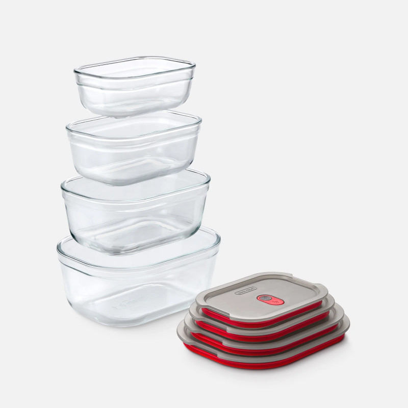 Σετ 4 τεμαχίων κουτιών τροφίμων Black+Blum Stack+Nest FBGR-BX-PACK4, 0,38/0,6/0,9/1,2 λ, Ορθογώνια, Κατάλληλα για φούρνο, Χωρίς BPA, Ανοξείδωτο ατσάλι, Γκρι/Κόκκινο