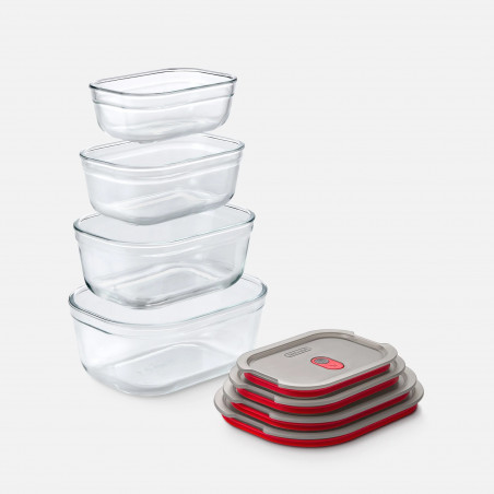 Σετ 4 τεμαχίων κουτιών τροφίμων Black+Blum Stack+Nest FBGR-BX-PACK4, 0,38/0,6/0,9/1,2 λ, Ορθογώνια, Κατάλληλα για φούρνο, Χωρίς BPA, Ανοξείδωτο ατσάλι, Γκρι/Κόκκινο