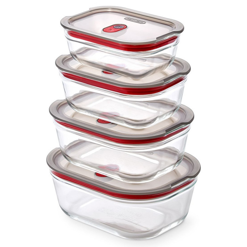 Σετ 4 τεμαχίων κουτιών τροφίμων Black+Blum Stack+Nest FBGR-BX-PACK4, 0,38/0,6/0,9/1,2 λ, Ορθογώνια, Κατάλληλα για φούρνο, Χωρίς BPA, Ανοξείδωτο ατσάλι, Γκρι/Κόκκινο