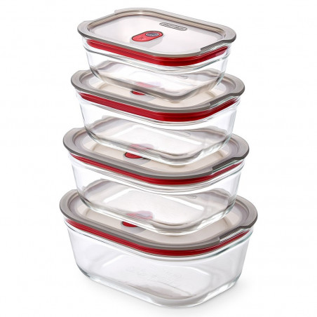 Σετ 4 τεμαχίων κουτιών τροφίμων Black+Blum Stack+Nest FBGR-BX-PACK4, 0,38/0,6/0,9/1,2 λ, Ορθογώνια, Κατάλληλα για φούρνο, Χωρίς BPA, Ανοξείδωτο ατσάλι, Γκρι/Κόκκινο