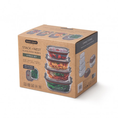 Σετ 4 τεμαχίων κουτιών τροφίμων Black+Blum Stack+Nest FBGR-BX-PACK4, 0,38/0,6/0,9/1,2 λ, Ορθογώνια, Κατάλληλα για φούρνο, Χωρίς BPA, Ανοξείδωτο ατσάλι, Γκρι/Κόκκινο