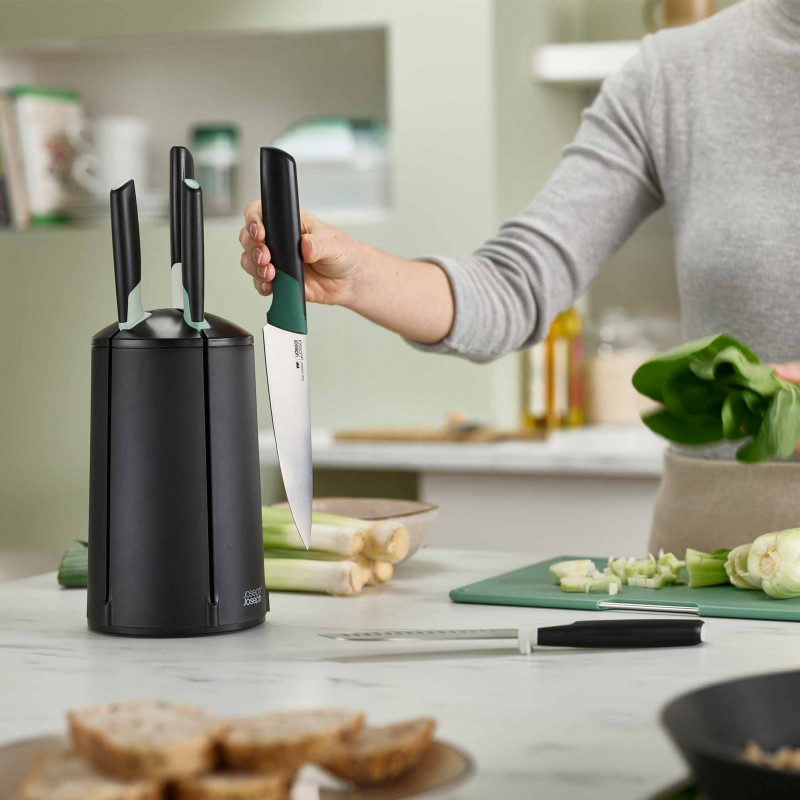 Σετ μαχαιριών Joseph Joseph Elevate 10541, Ιαπωνικό ατσάλι, Περιστρεφόμενη βάση, Χωρίς BPA, Μαύρο/Πράσινο